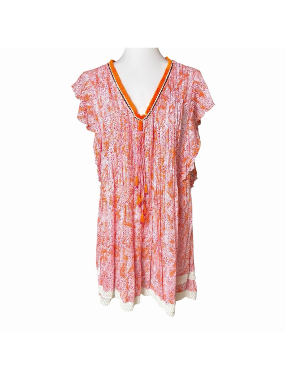 Poupette St Barth Sasha Mini Dress Flutter Sleeves SMALL Pink Orange Floral EUC